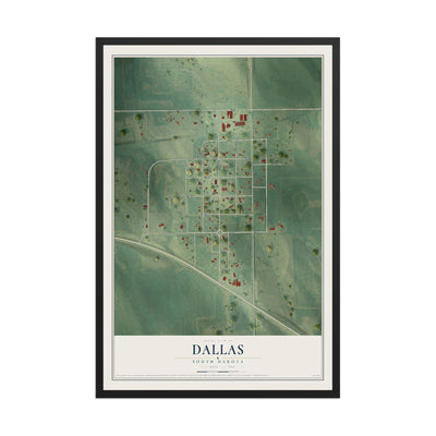Map of Dallas, South Dakota, 12 x 18 inch print in a black wood frame
