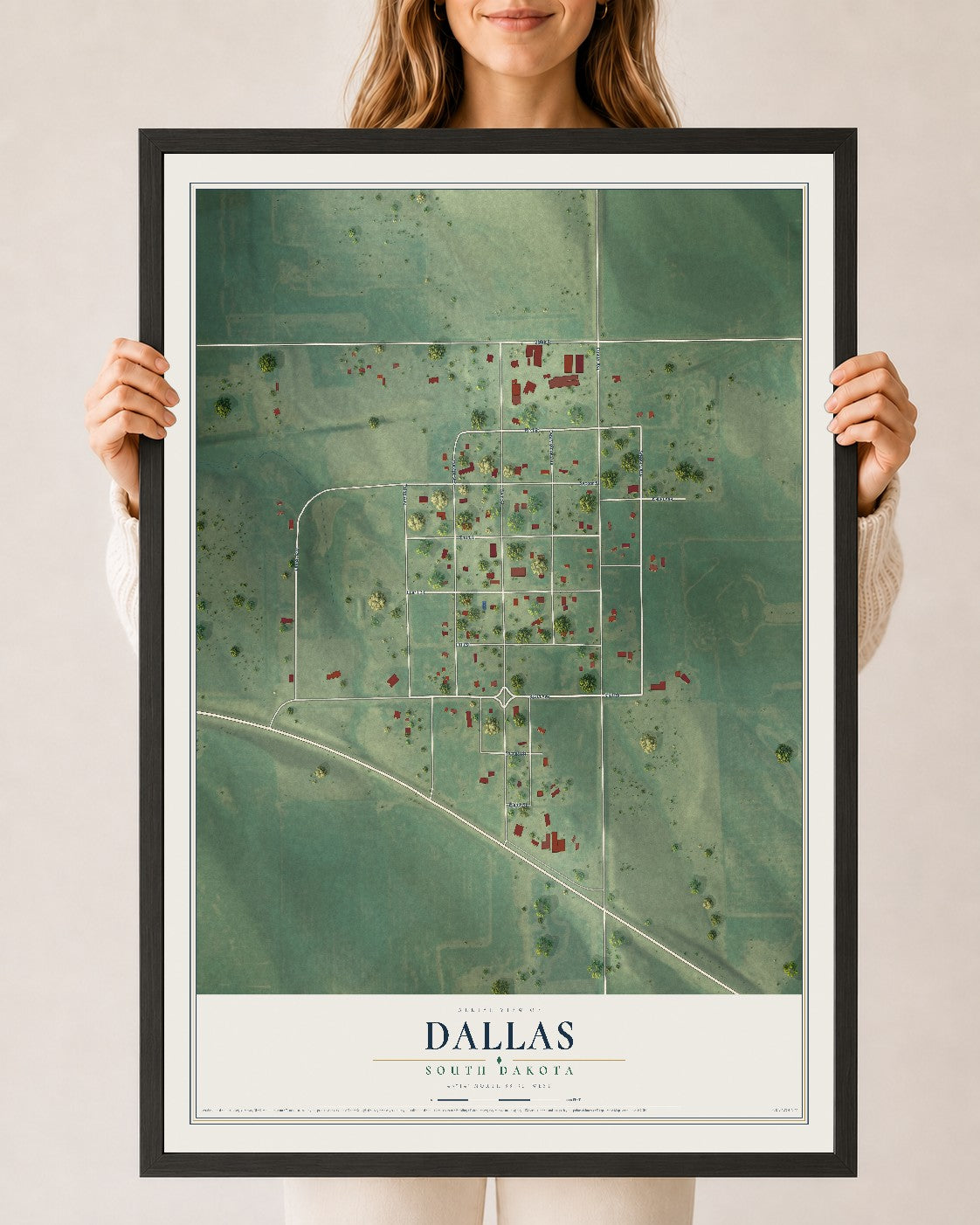 Map of Dallas, South Dakota, 24 x 36 inch print in a black wood frame