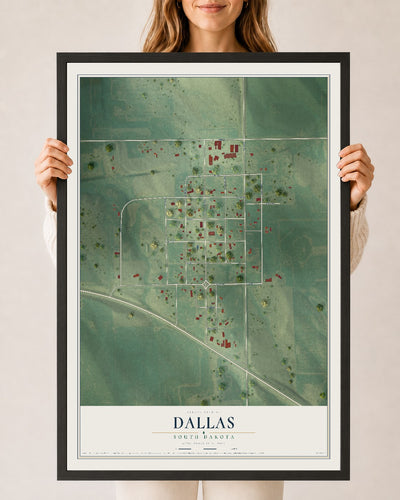 Map of Dallas, South Dakota, 24 x 36 inch print in a black wood frame