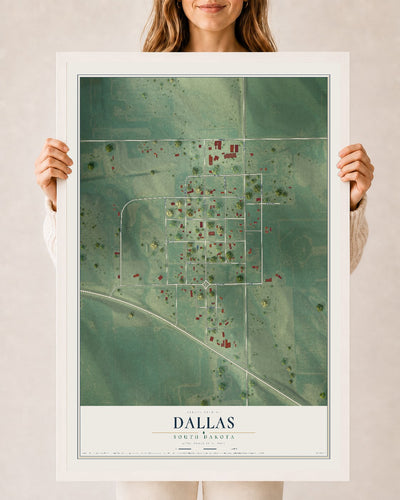 Map of Dallas, South Dakota, 24 x 36 inch print in a white wood frame