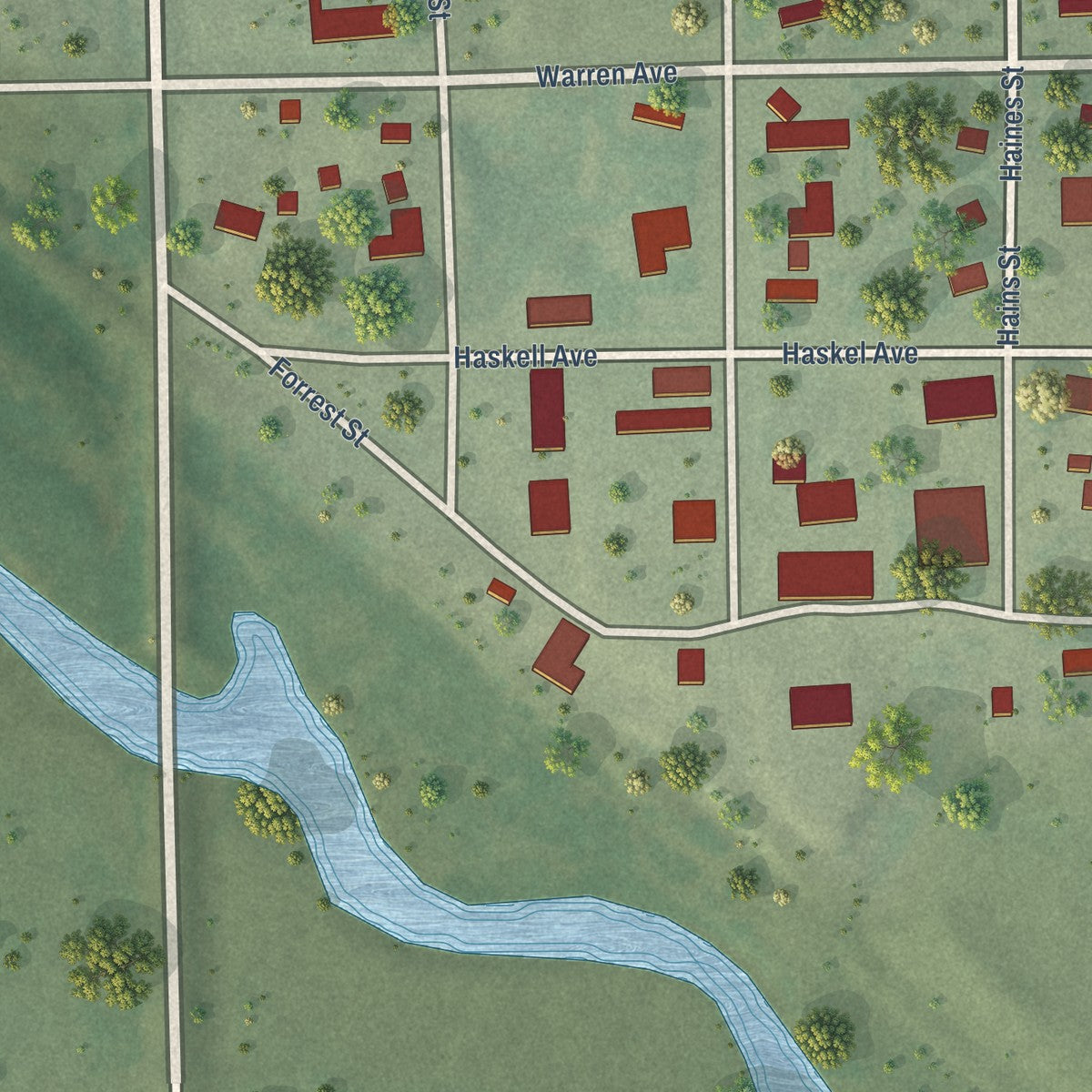Close-up of the map of Dante, South Dakota print showing street and building detail