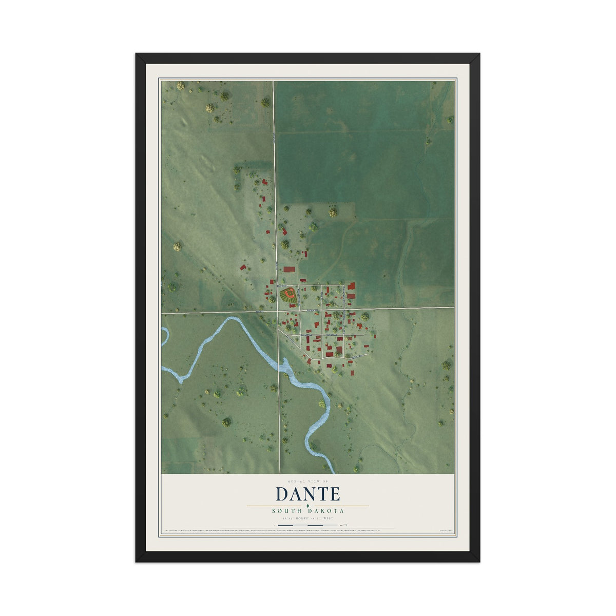 Map of Dante, South Dakota, 12 x 18 inch print in a black wood frame