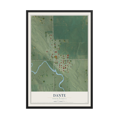 Map of Dante, South Dakota, 12 x 18 inch print in a black wood frame