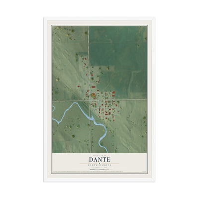 Map of Dante, South Dakota, 12 x 18 inch print in a white wood frame