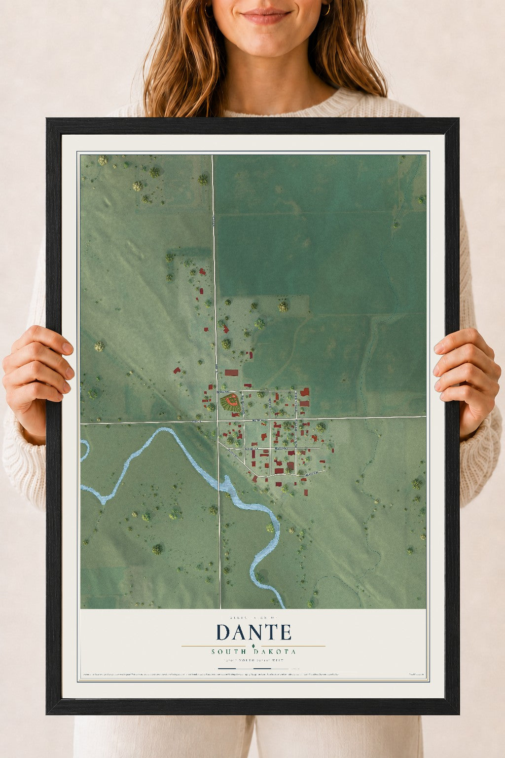 Map of Dante, South Dakota, 18 x 24 inch print in a black wood frame