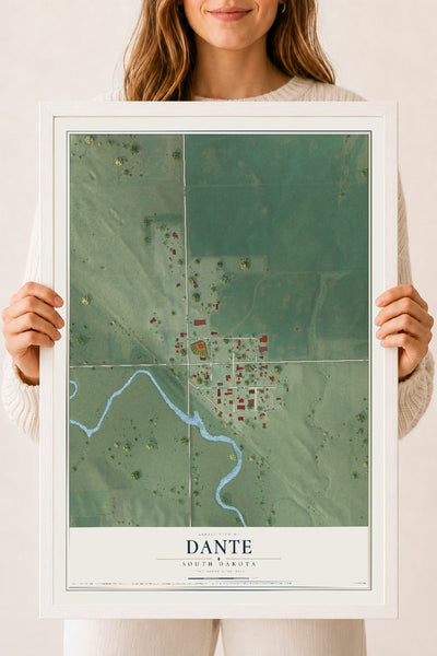 Map of Dante, South Dakota, 18 x 24 inch print in a white wood frame