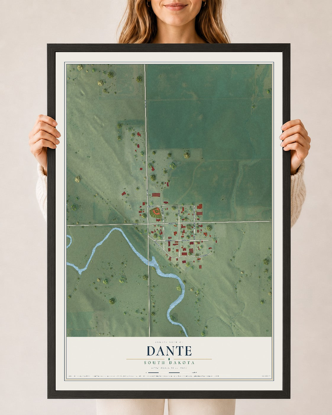 Map of Dante, South Dakota, 24 x 36 inch print in a black wood frame