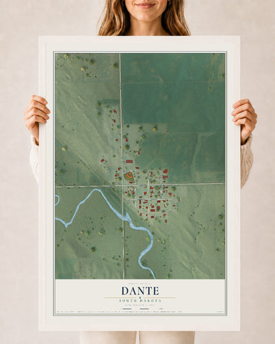 Map of Dante, South Dakota, 24 x 36 inch print in a white wood frame