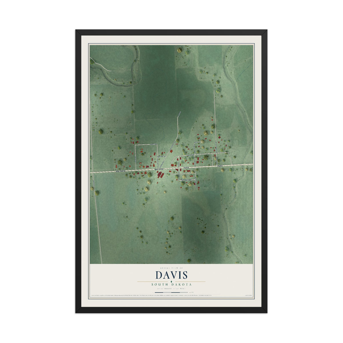 Map of Davis, South Dakota, 12 x 18 inch print in a black wood frame