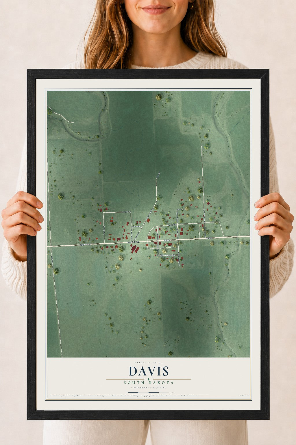 Map of Davis, South Dakota, 18 x 24 inch print in a black wood frame