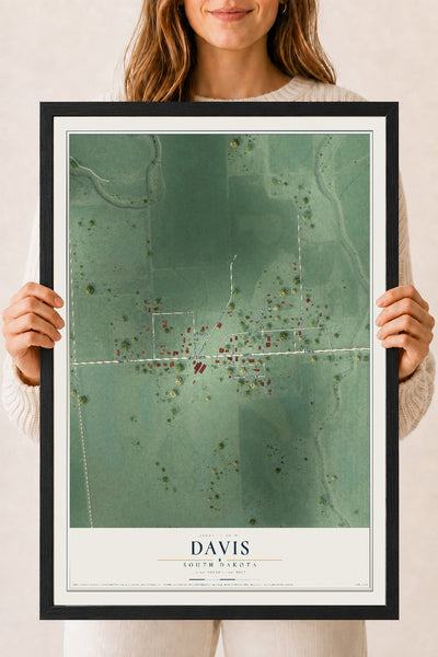 Map of Davis, South Dakota, 18 x 24 inch print in a black wood frame
