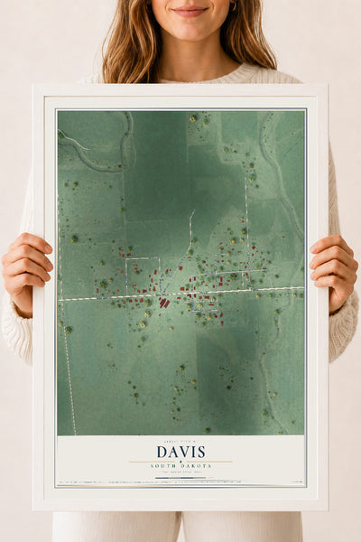 Map of Davis, South Dakota, 18 x 24 inch print in a white wood frame