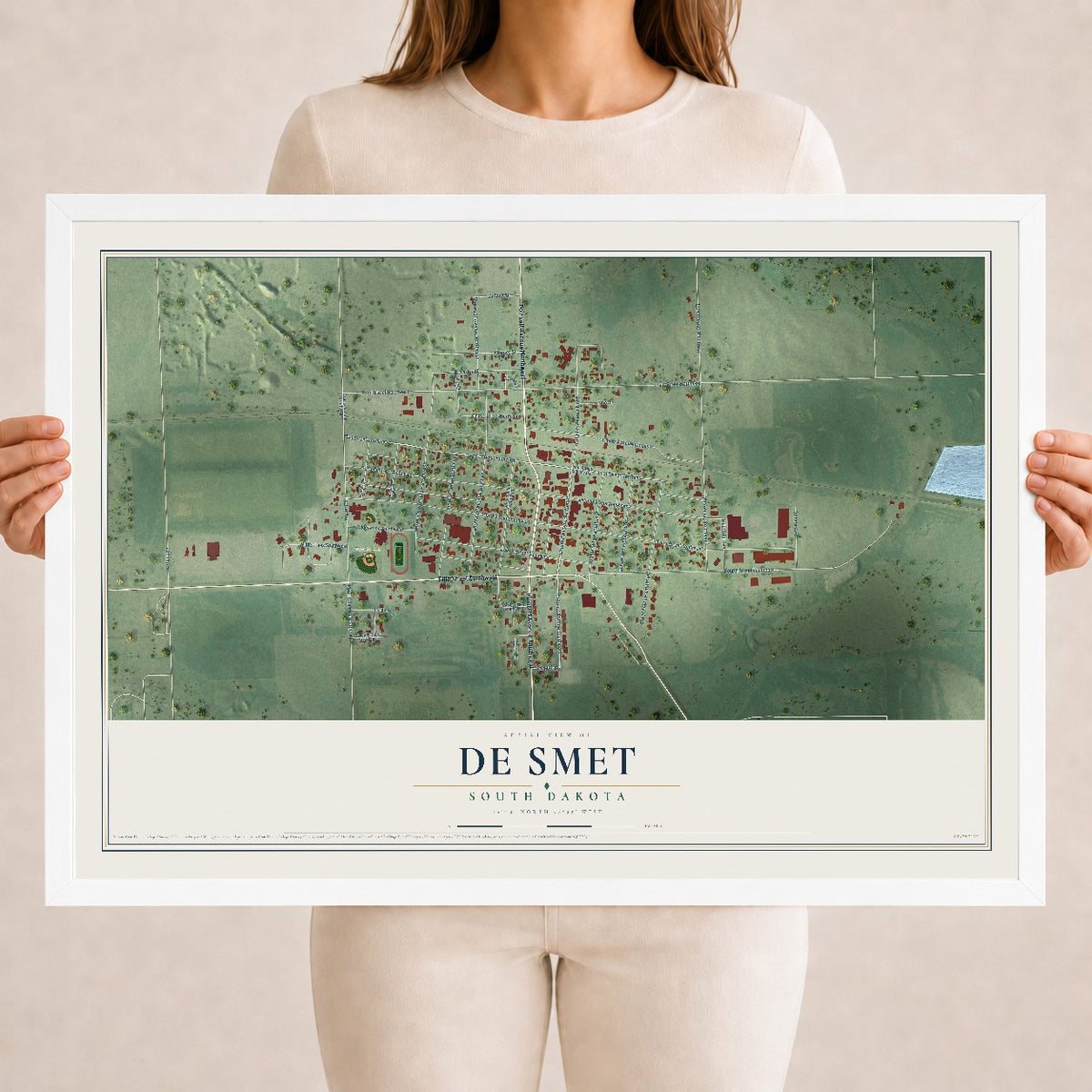 Map of De Smet, South Dakota, 18 x 24 inch print in a white wood frame