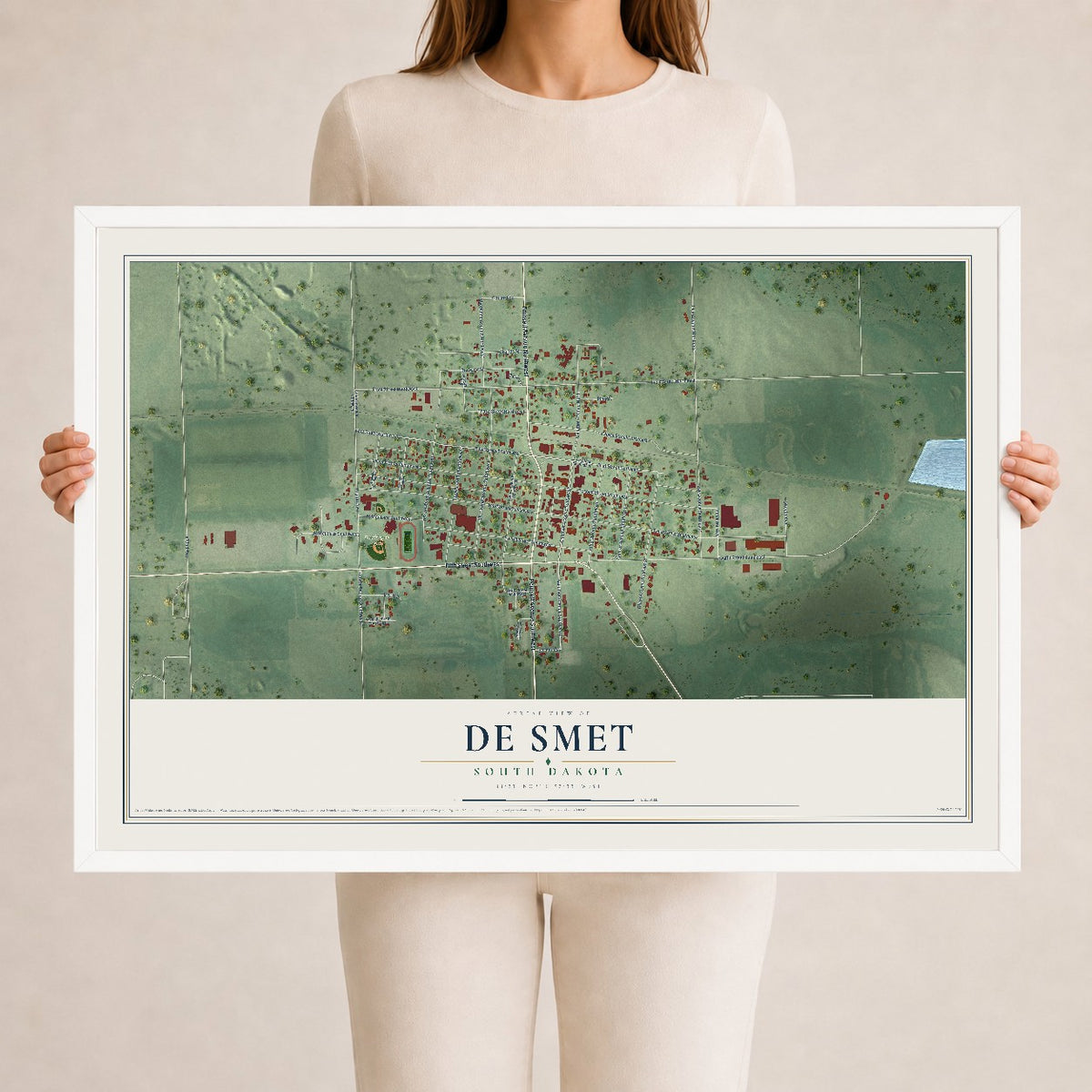 Map of De Smet, South Dakota, 24 x 36 inch print in a white wood frame