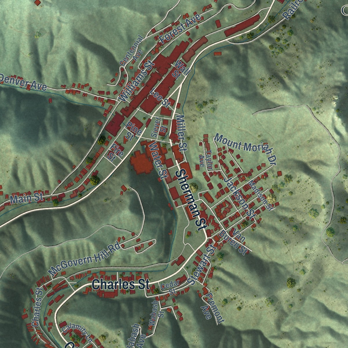 Close-up of the map of Deadwood, South Dakota print showing street and building detail