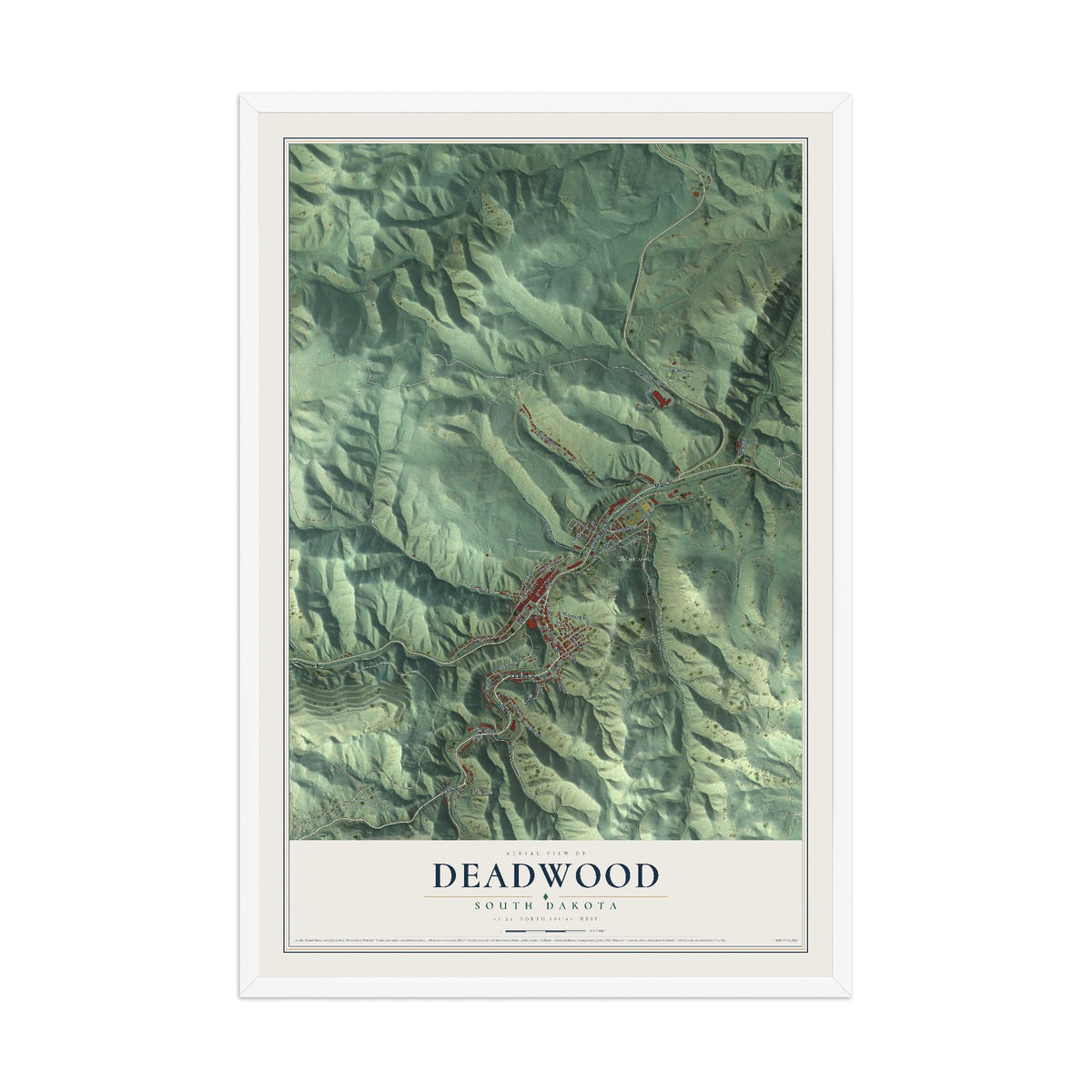 Map of Deadwood, South Dakota, 12 x 18 inch print in a white wood frame