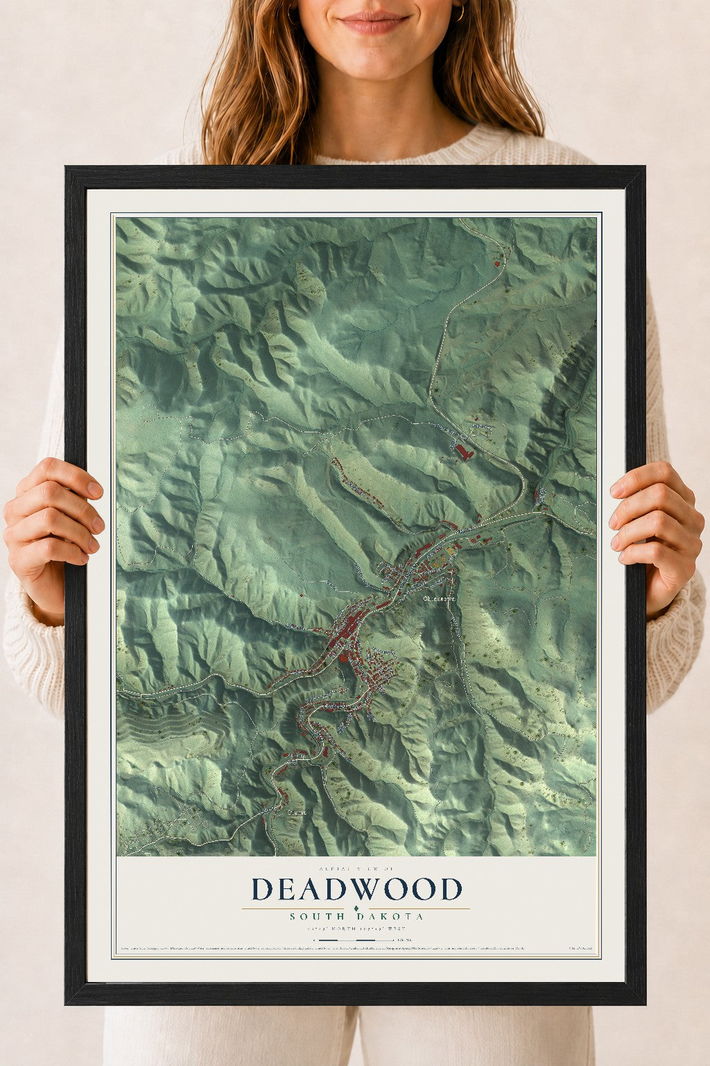 Map of Deadwood, South Dakota, 18 x 24 inch print in a black wood frame