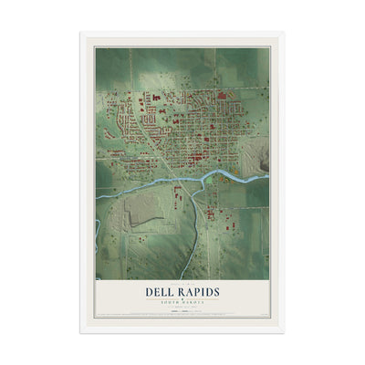 Map of Dell Rapids, South Dakota, 12 x 18 inch print in a white wood frame