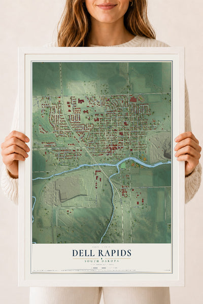Map of Dell Rapids, South Dakota, 18 x 24 inch print in a white wood frame