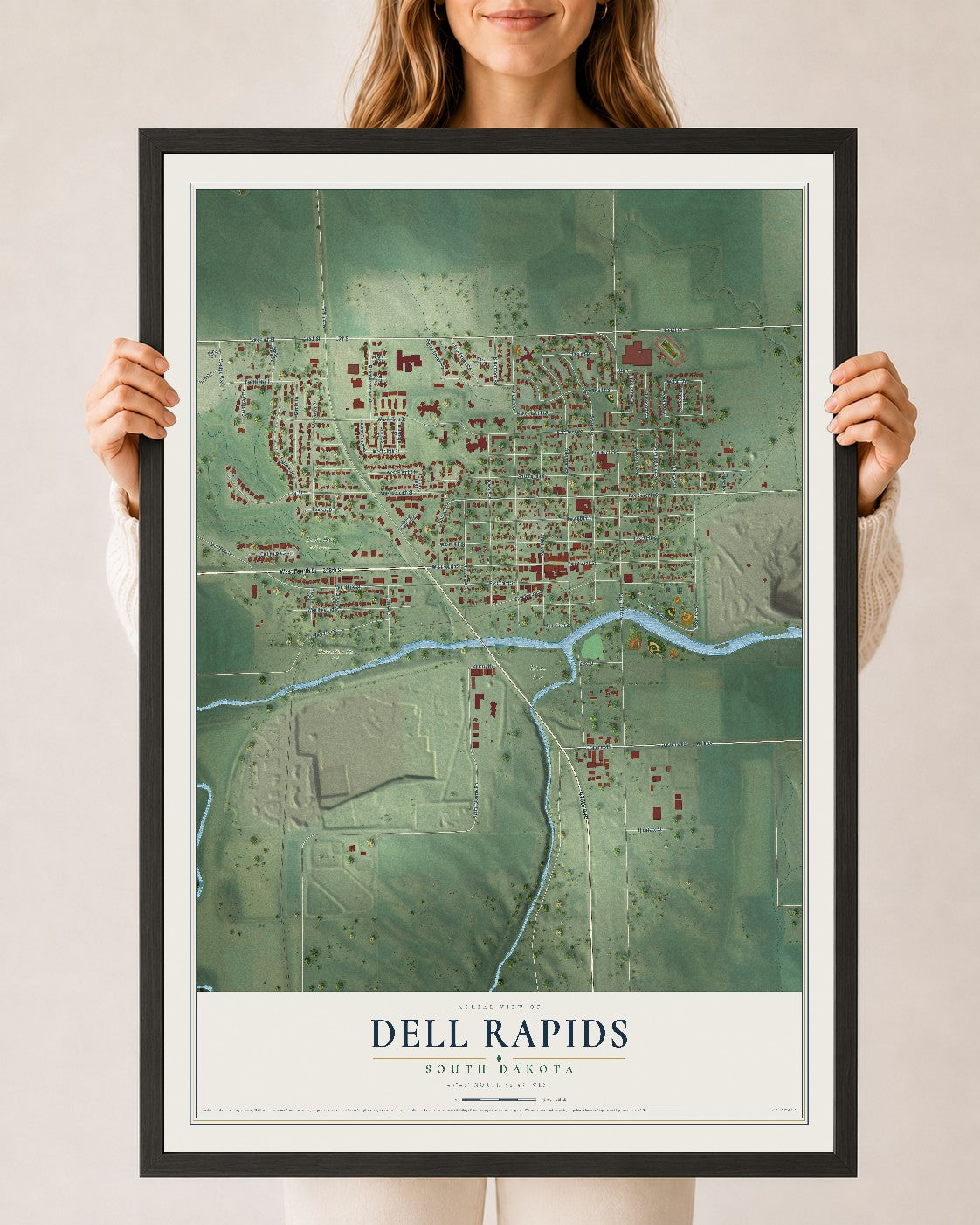 Map of Dell Rapids, South Dakota, 24 x 36 inch print in a black wood frame