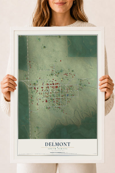 Map of Delmont, South Dakota, 18 x 24 inch print in a white wood frame