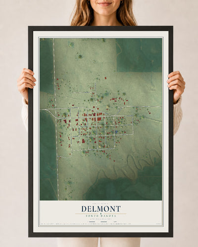Map of Delmont, South Dakota, 24 x 36 inch print in a black wood frame
