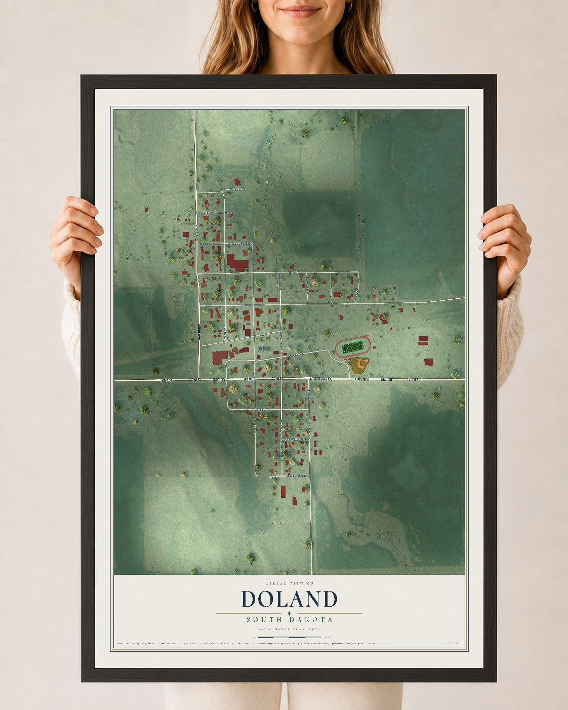 Map of Doland, South Dakota, 24 x 36 inch print in a black wood frame