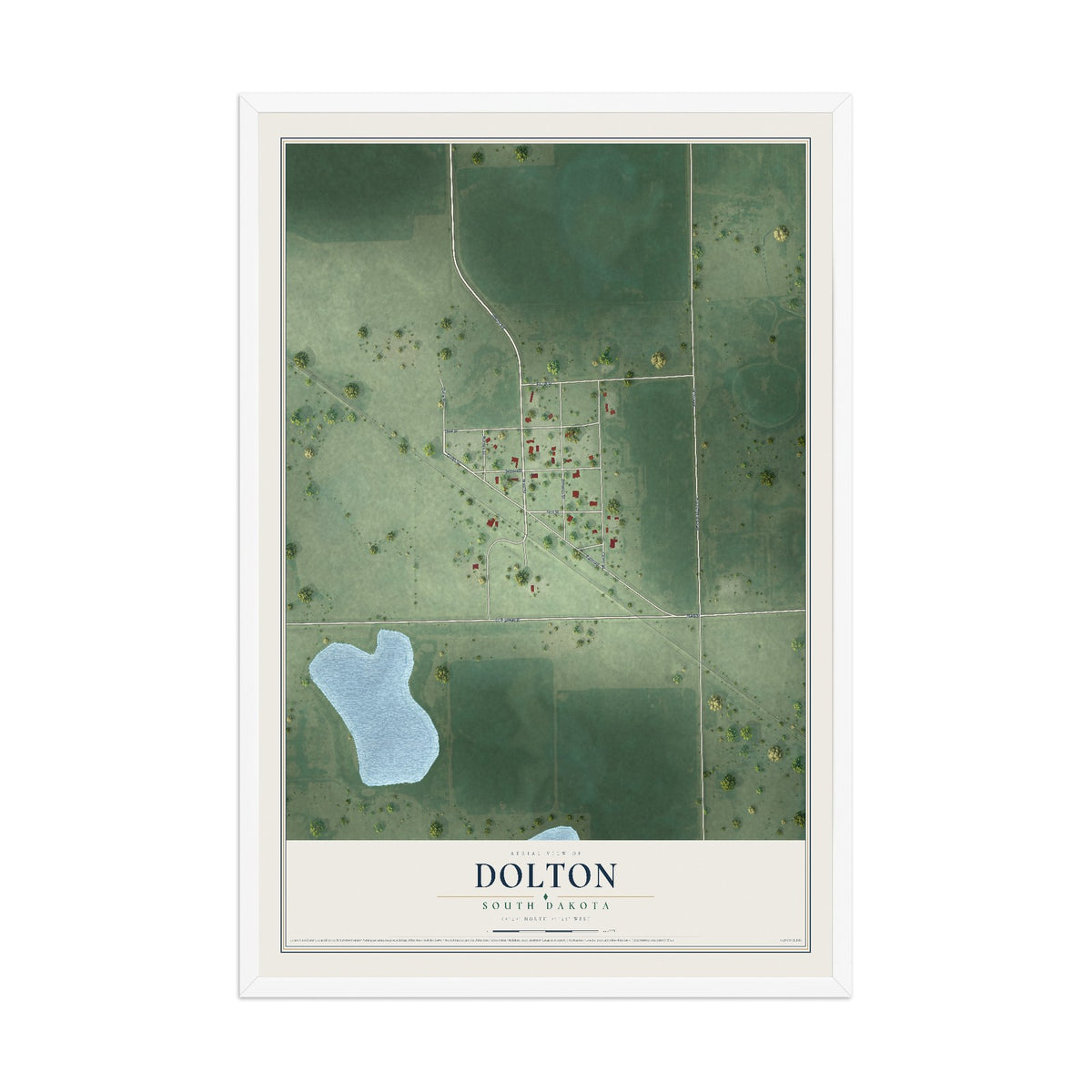 Map of Dolton, South Dakota, 12 x 18 inch print in a white wood frame