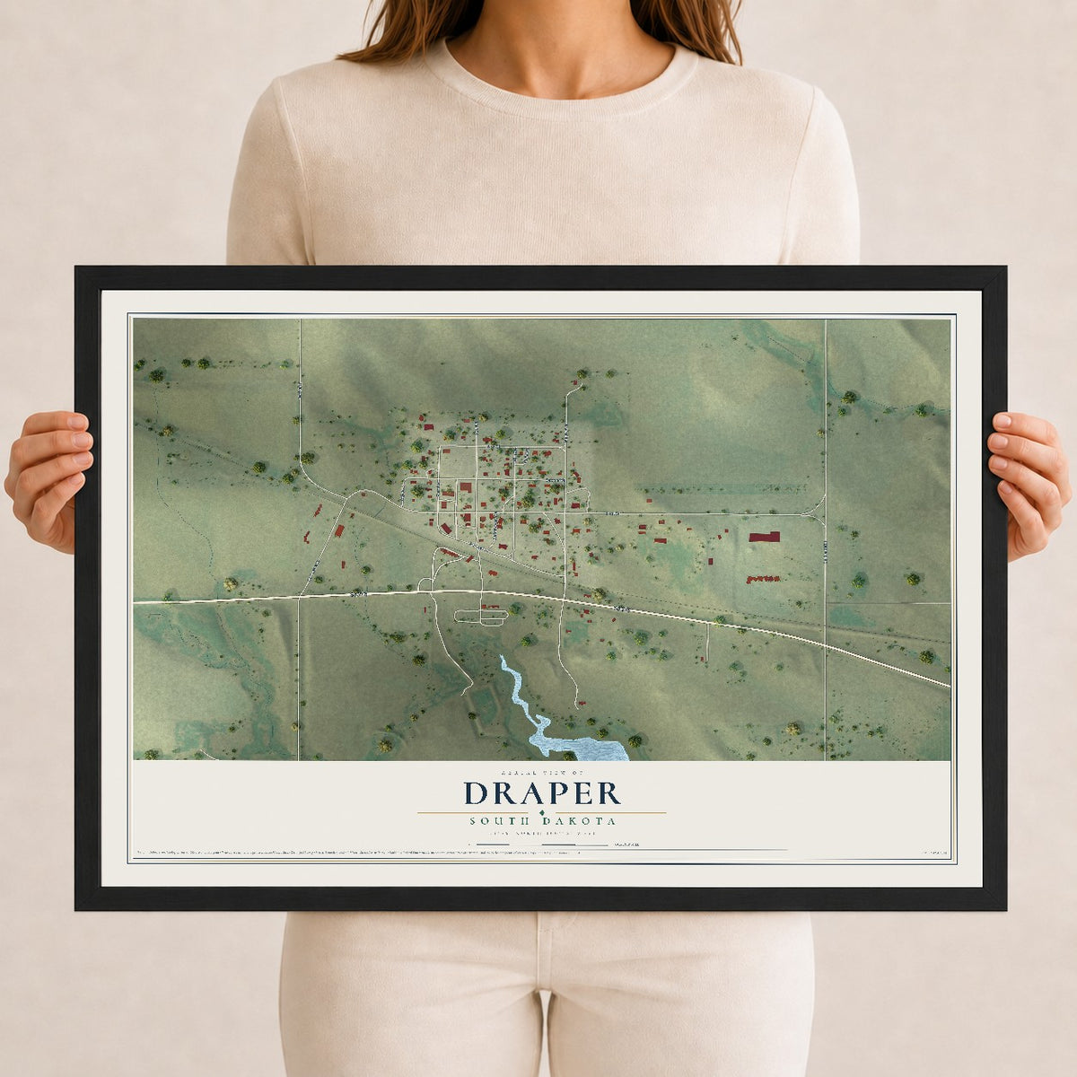Map of Draper, South Dakota, 12 x 18 inch print in a black wood frame