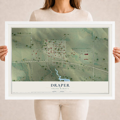 Map of Draper, South Dakota, 18 x 24 inch print in a white wood frame