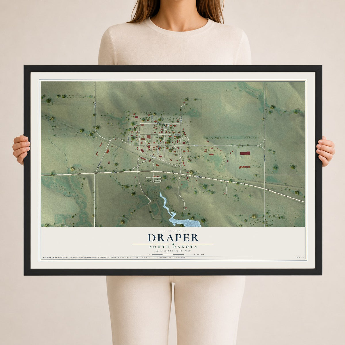 Map of Draper, South Dakota, 24 x 36 inch print in a black wood frame