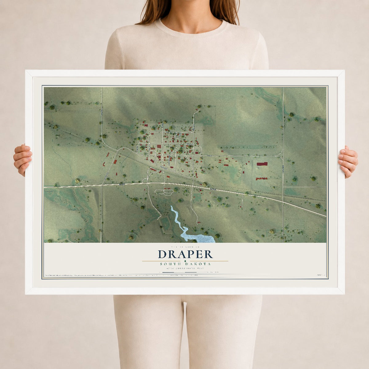 Map of Draper, South Dakota, 24 x 36 inch print in a white wood frame