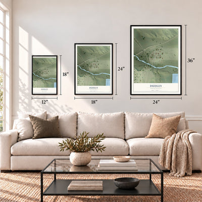 Dudley, South Dakota map in 12 x 18, 18 x 24 and 24 x 36 inch sizes above a sofa