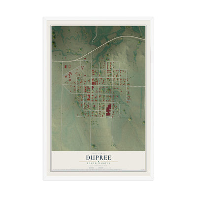 Map of Dupree, South Dakota, 12 x 18 inch print in a white wood frame
