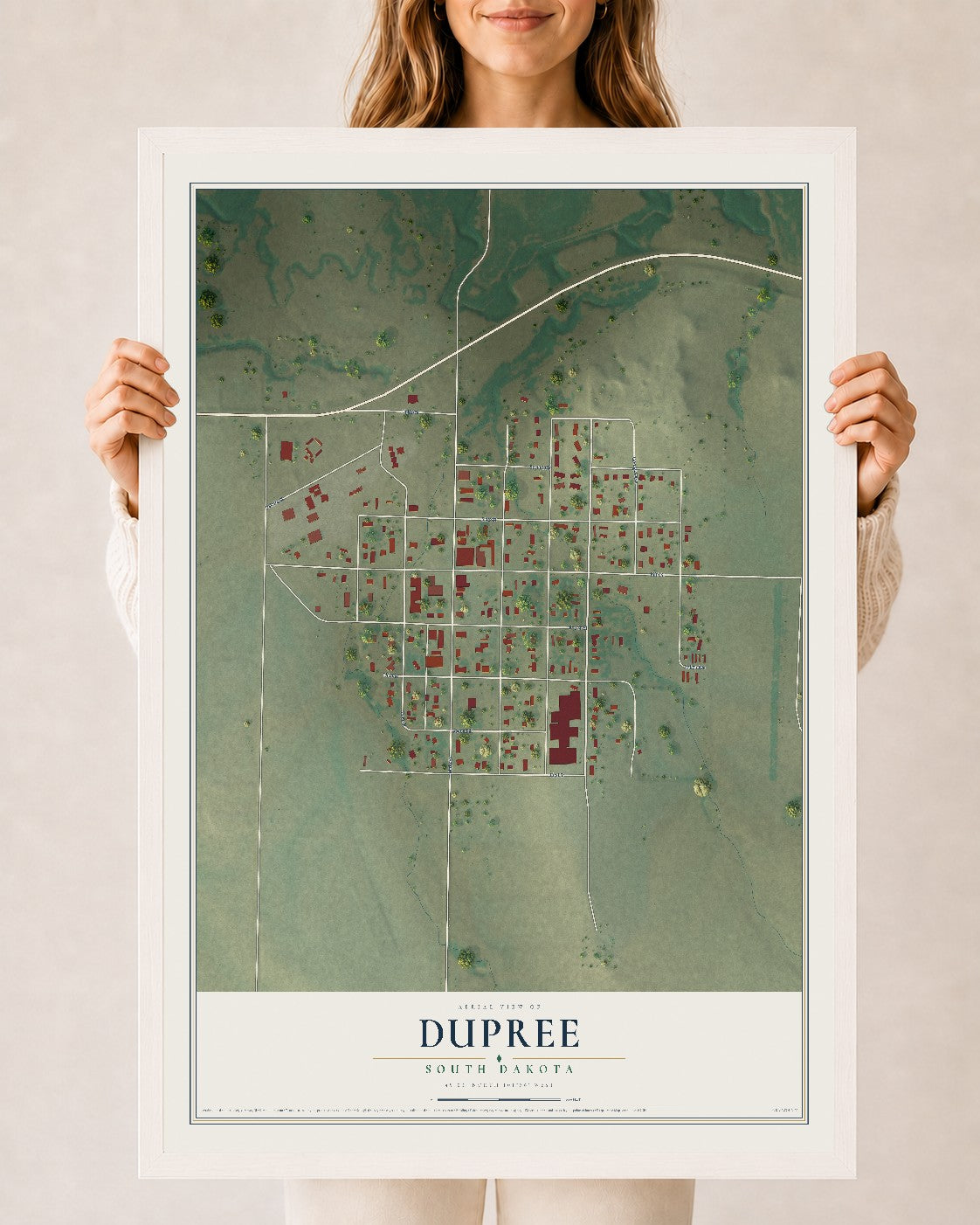 Map of Dupree, South Dakota, 24 x 36 inch print in a white wood frame