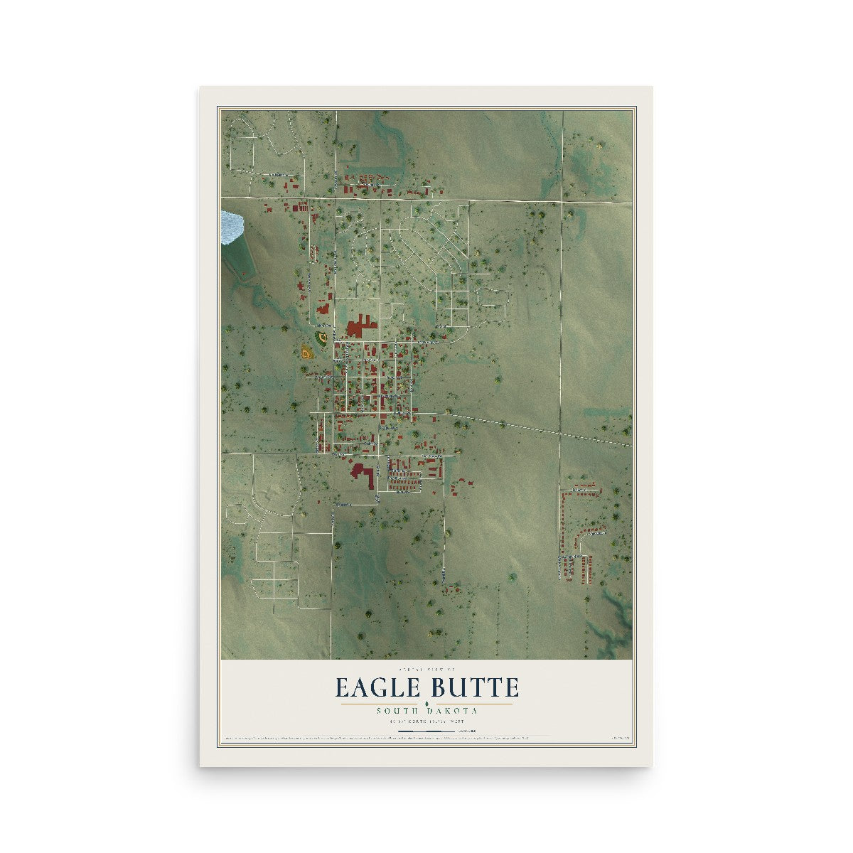 Map of Eagle Butte, South Dakota, 12 x 18 inch unframed archival matte print