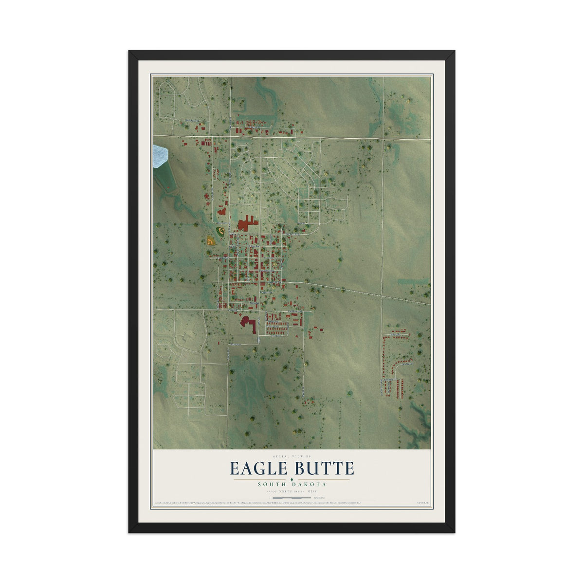 Map of Eagle Butte, South Dakota, 12 x 18 inch print in a black wood frame
