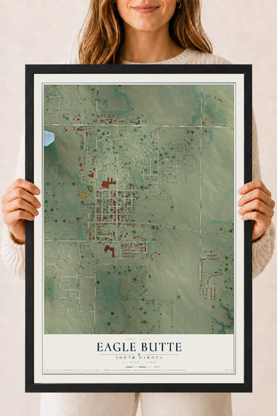 Map of Eagle Butte, South Dakota, 18 x 24 inch print in a black wood frame