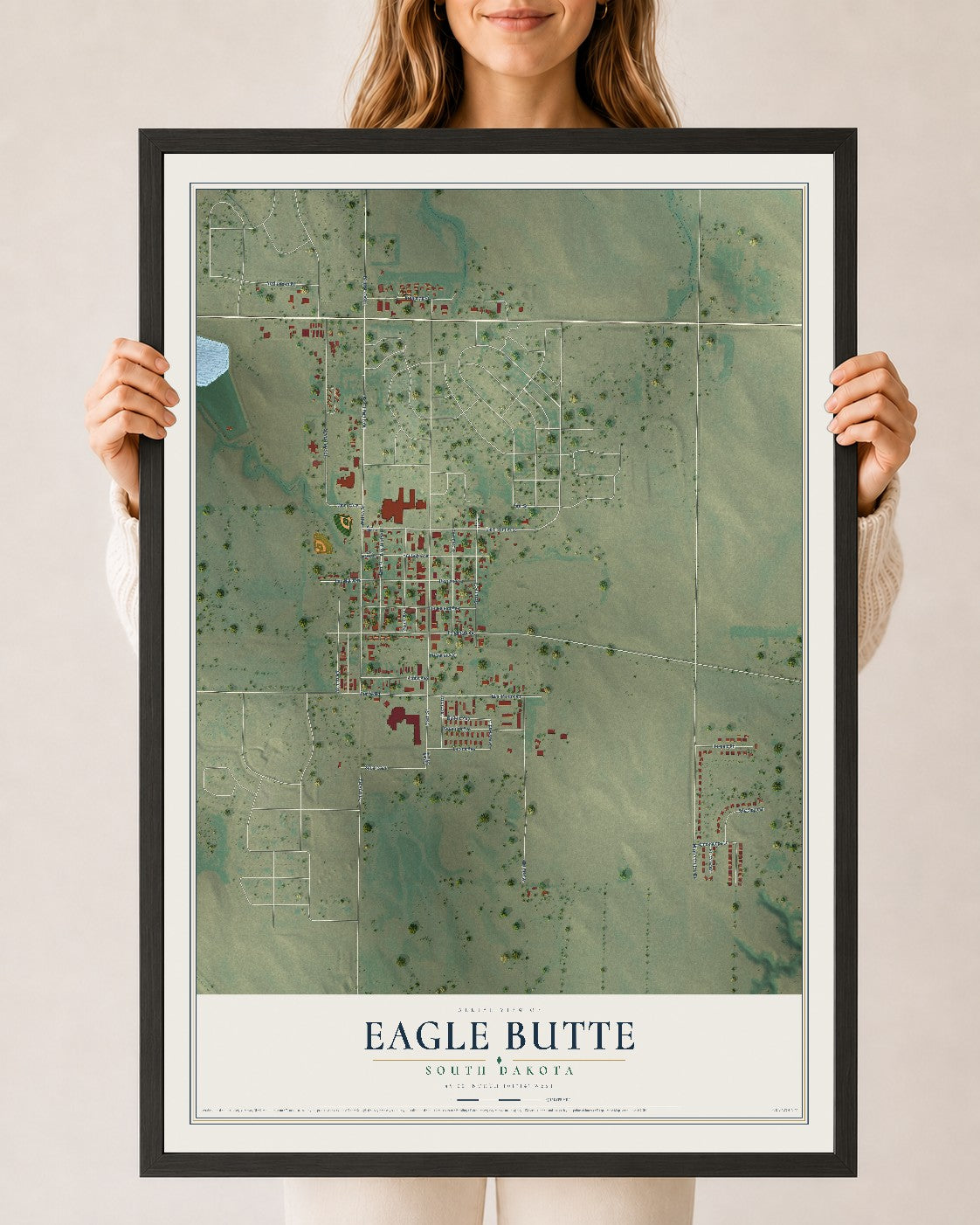 Map of Eagle Butte, South Dakota, 24 x 36 inch print in a black wood frame