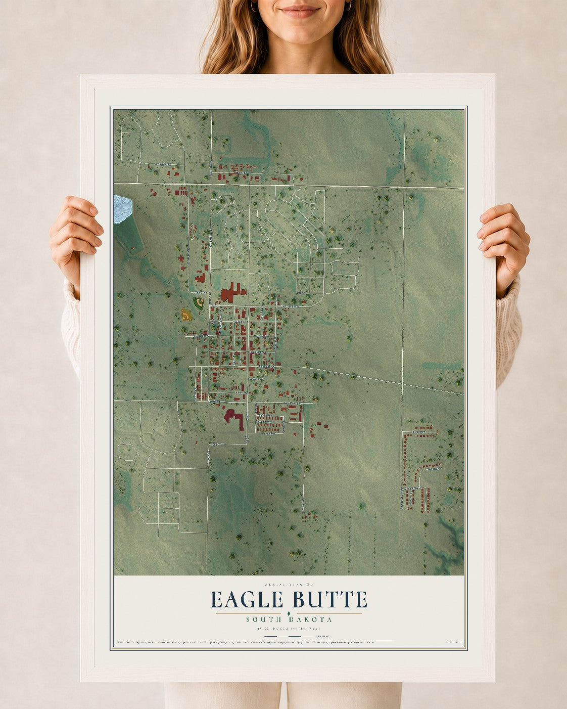Map of Eagle Butte, South Dakota, 24 x 36 inch print in a white wood frame