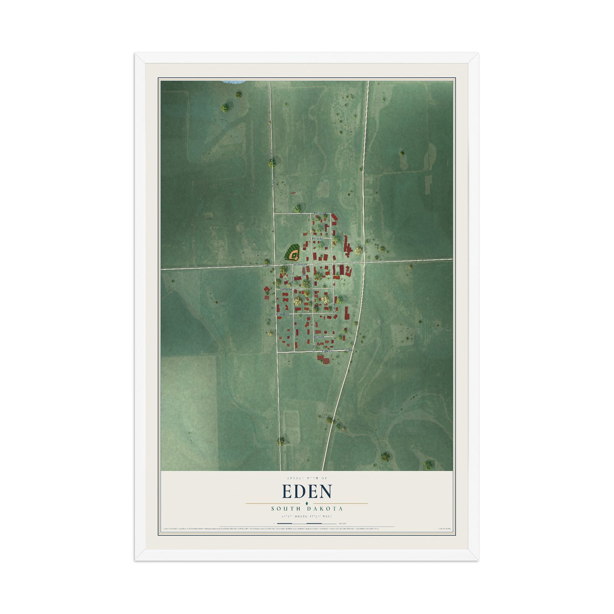 Map of Eden, South Dakota, 12 x 18 inch print in a white wood frame