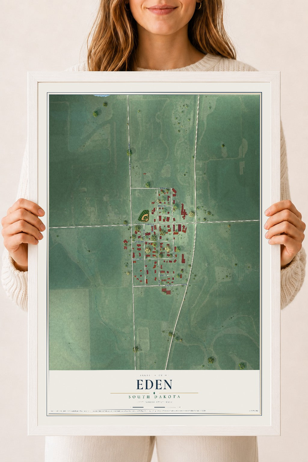 Map of Eden, South Dakota, 18 x 24 inch print in a white wood frame