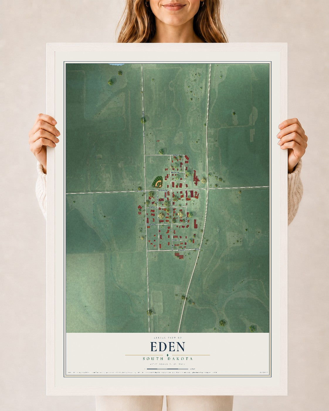 Map of Eden, South Dakota, 24 x 36 inch print in a white wood frame