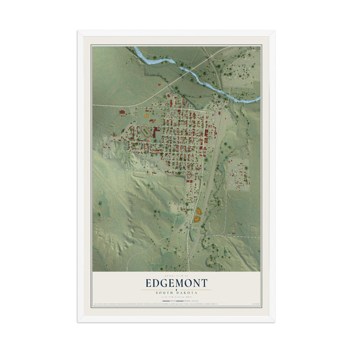 Map of Edgemont, South Dakota, 12 x 18 inch print in a white wood frame