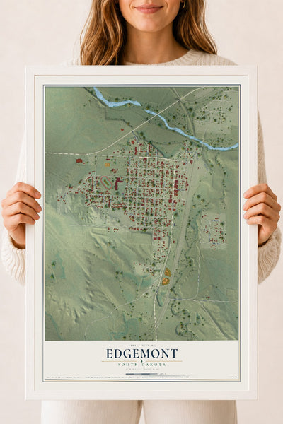 Map of Edgemont, South Dakota, 18 x 24 inch print in a white wood frame