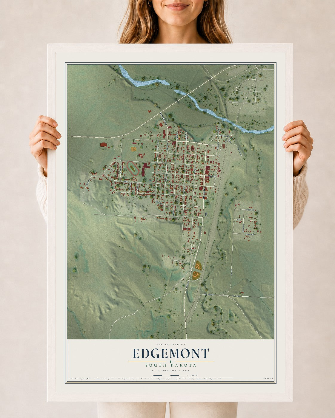 Map of Edgemont, South Dakota, 24 x 36 inch print in a white wood frame