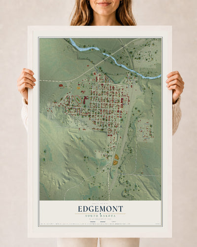 Map of Edgemont, South Dakota, 24 x 36 inch print in a white wood frame