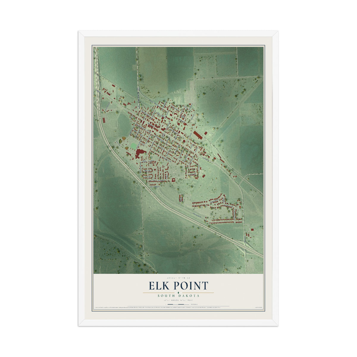 Map of Elk Point, South Dakota, 12 x 18 inch print in a white wood frame