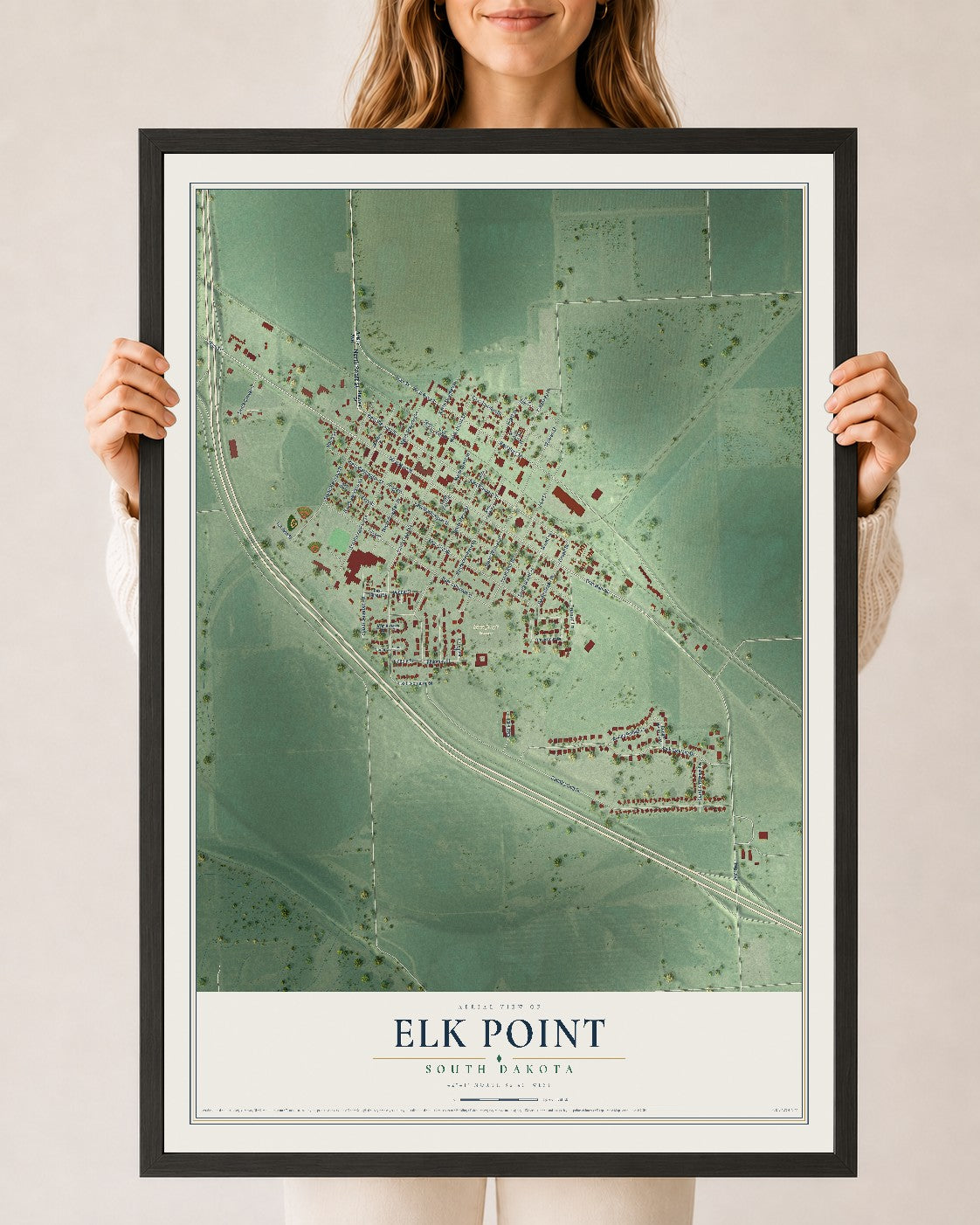 Map of Elk Point, South Dakota, 24 x 36 inch print in a black wood frame