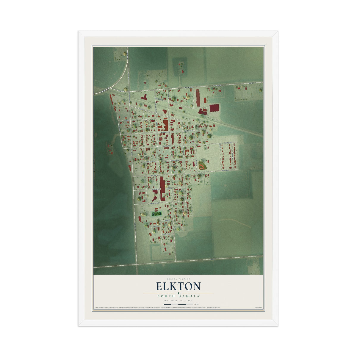 Map of Elkton, South Dakota, 12 x 18 inch print in a white wood frame